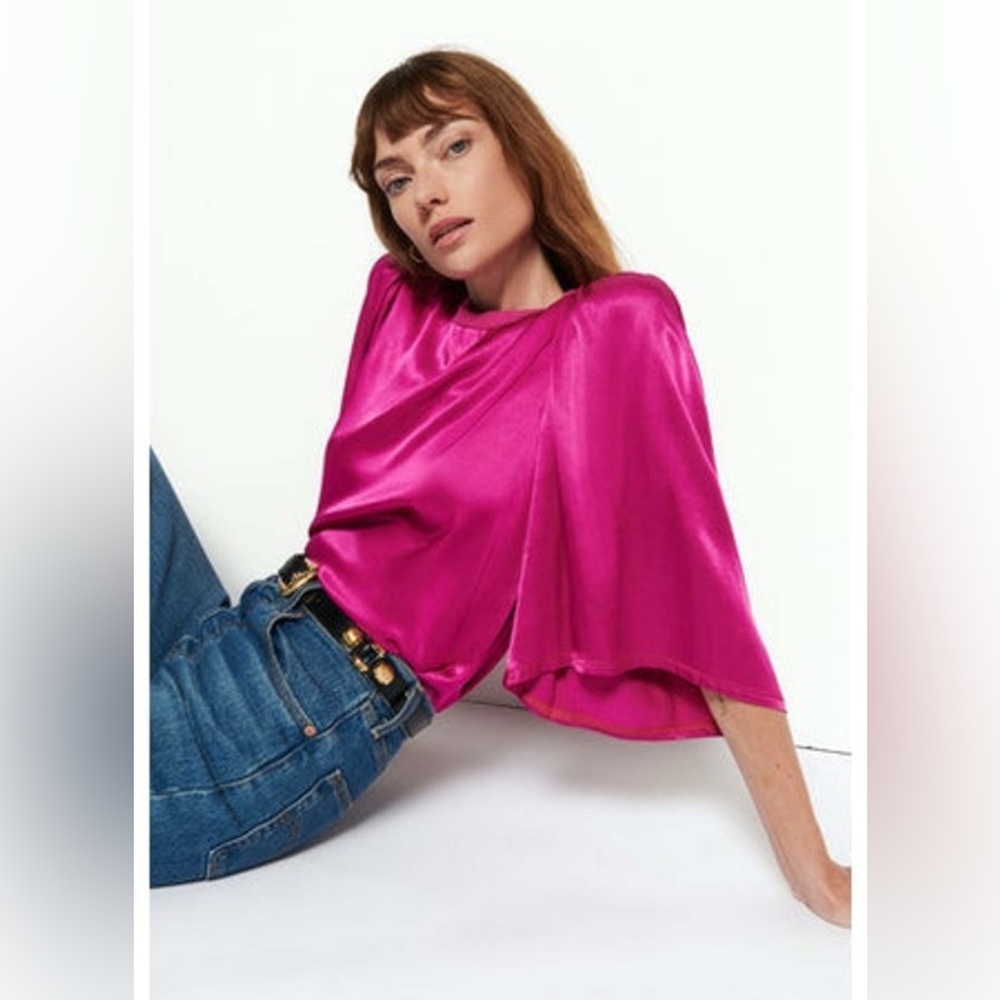 Nation Ltd Blouse Top Womens L Satin Donna Bell Sleeve Vibrant Magenta Pink Boho